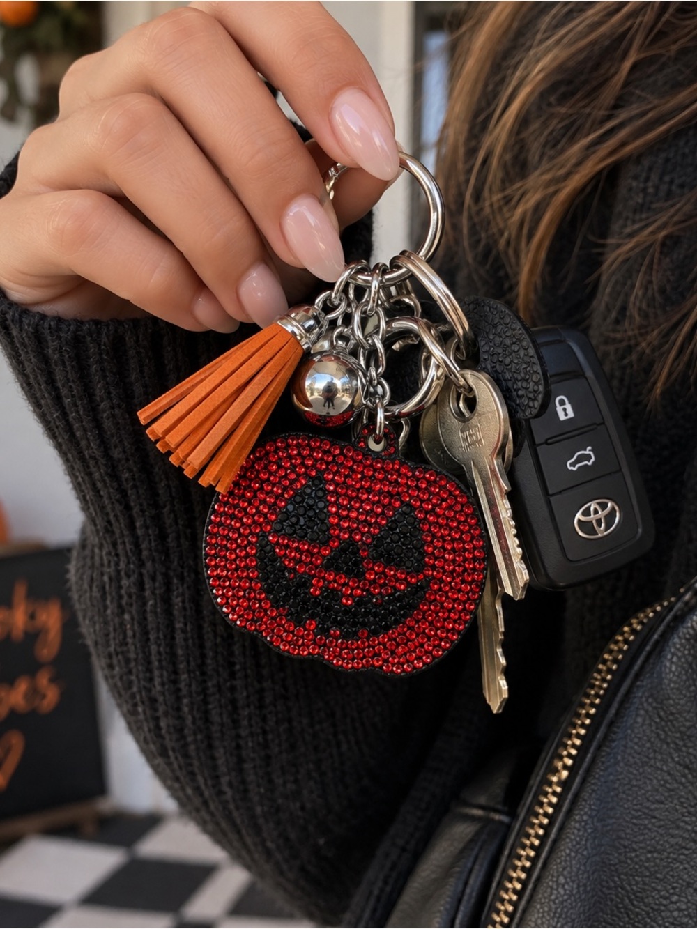 Bulk of 12- Orange and Black Halloween Pumpkin Keychain/Bagcharm with Tassel - Picture 2 of 6